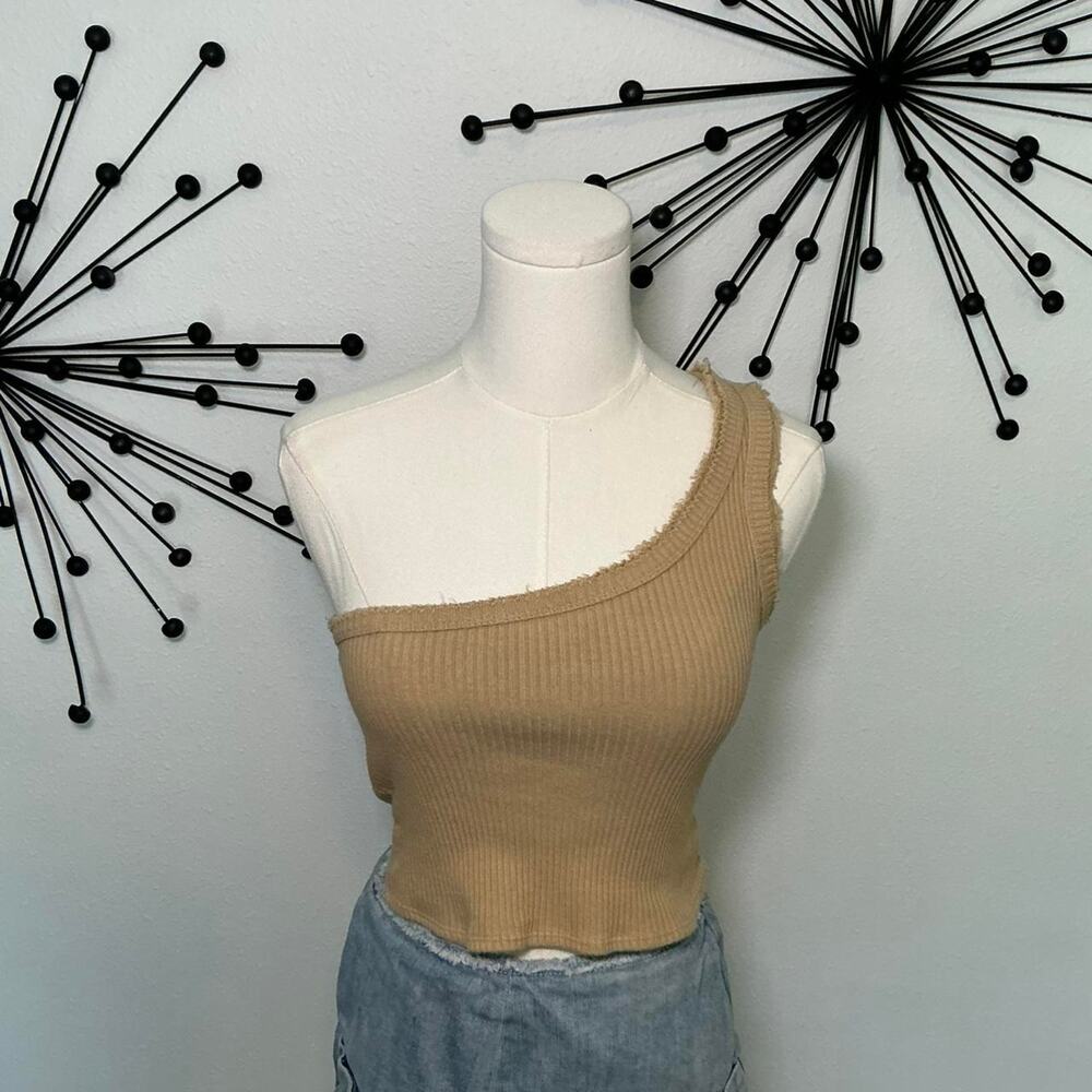 Urban Outfitters one shoulder tan ribbed crop top asymmetrical fitted Y2K